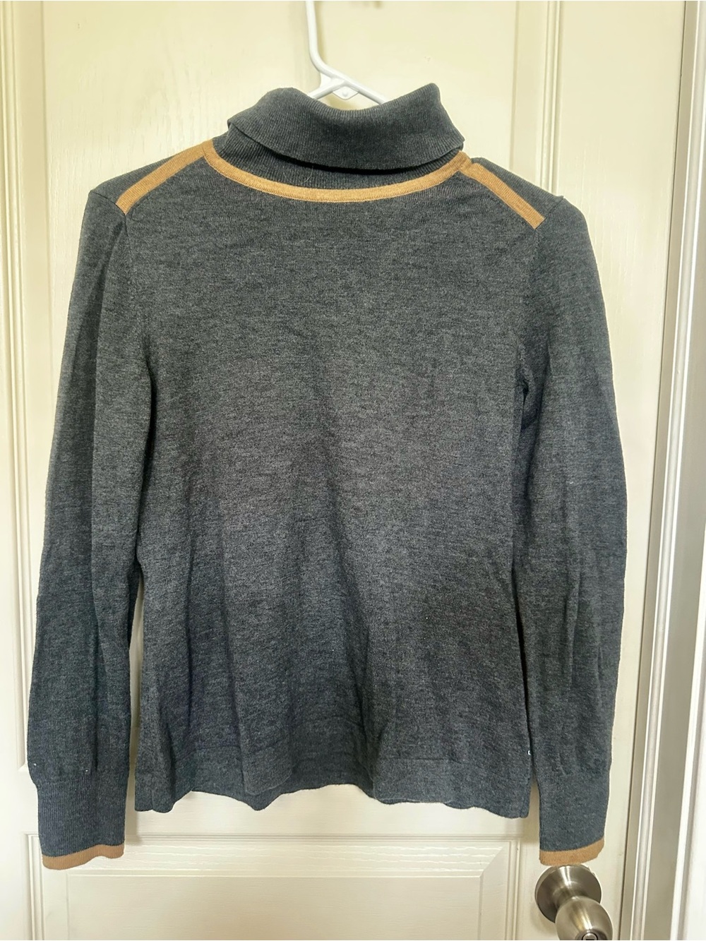 Womens Etcetera Gray knit Turtleneck Sweater with Camel Tan Trim